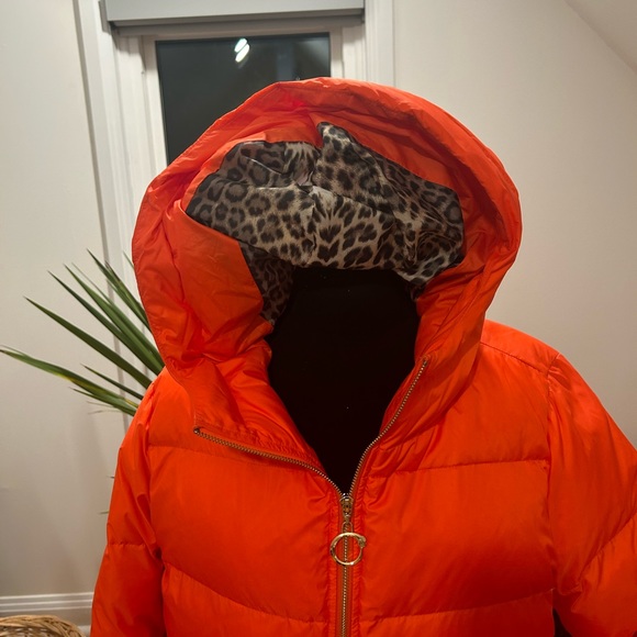 CAVALLI CLASS Woman's Orange Puff Bomber Jacket with hood, Animal Print lining - Picture 7 of 8